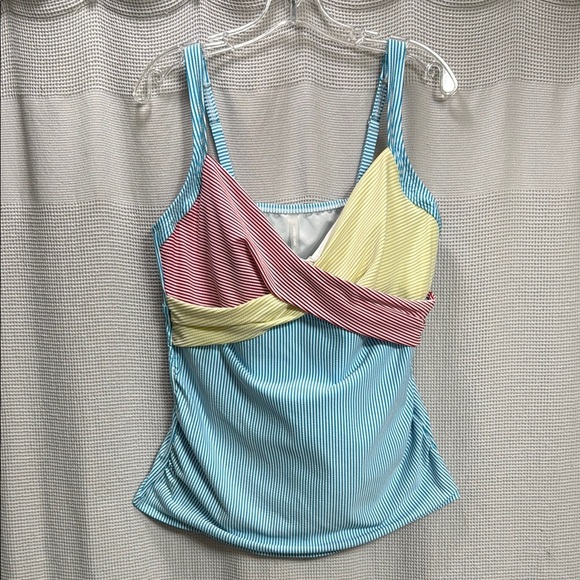 Lands' End Seersucker Tankini top SZ 16 Aqua/white/yellow/red swim beach summer - Picture 1 of 6